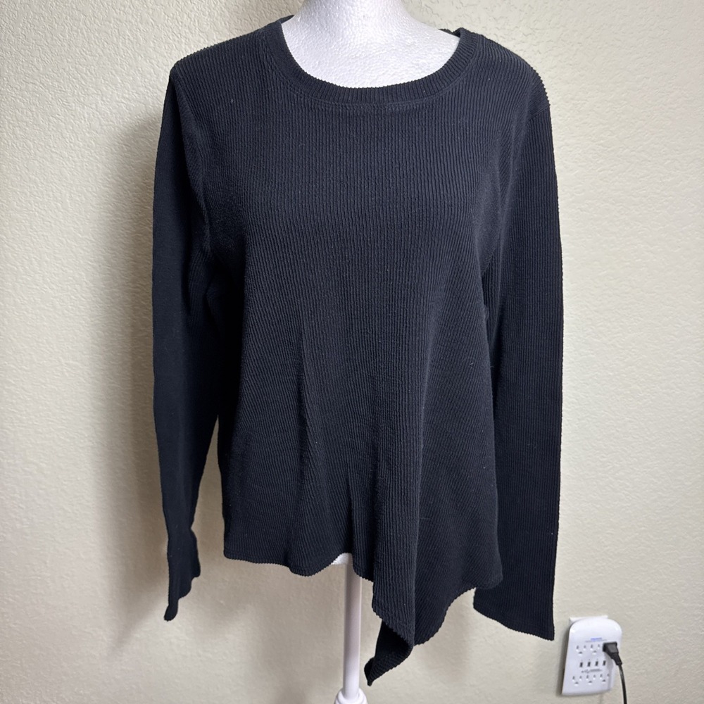 Madewell Top XXL Womens Black Ribbed Asymmetric Hem Long Sleeve‎ Cotton Crewneck